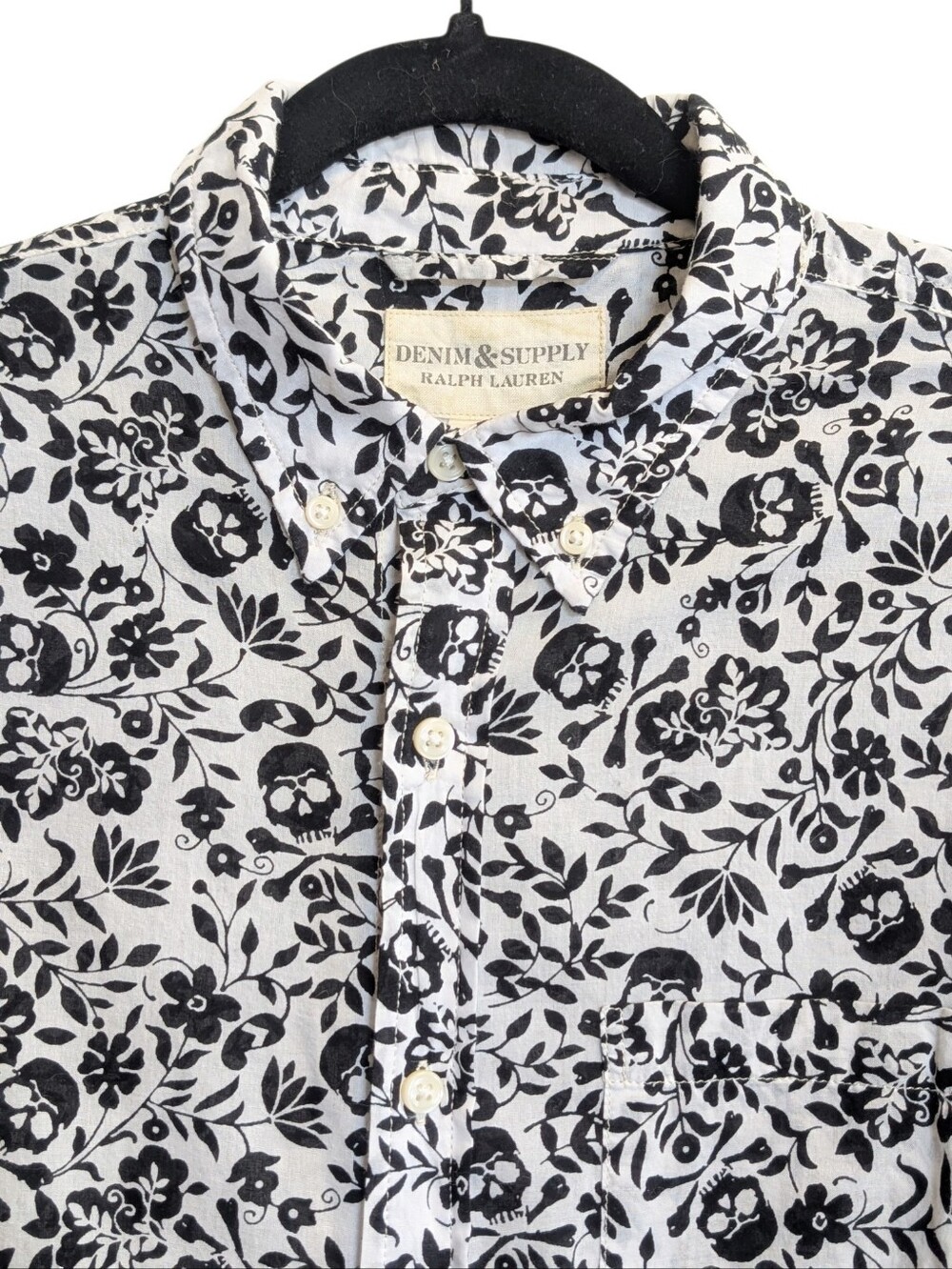 Denim & Supply Ralph Lauren Black White Skull Crossbones Print Button Down